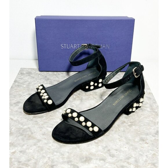 Stuart Weitzman Allpearls Suede Block Heel Sandal in Black - Sz 9 - Picture 1 of 10
